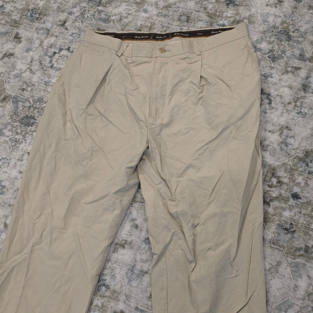 Tommy Bahama Mens 38 Silk Pleated Relaxed Pants Tan Beige Micro Check Grid